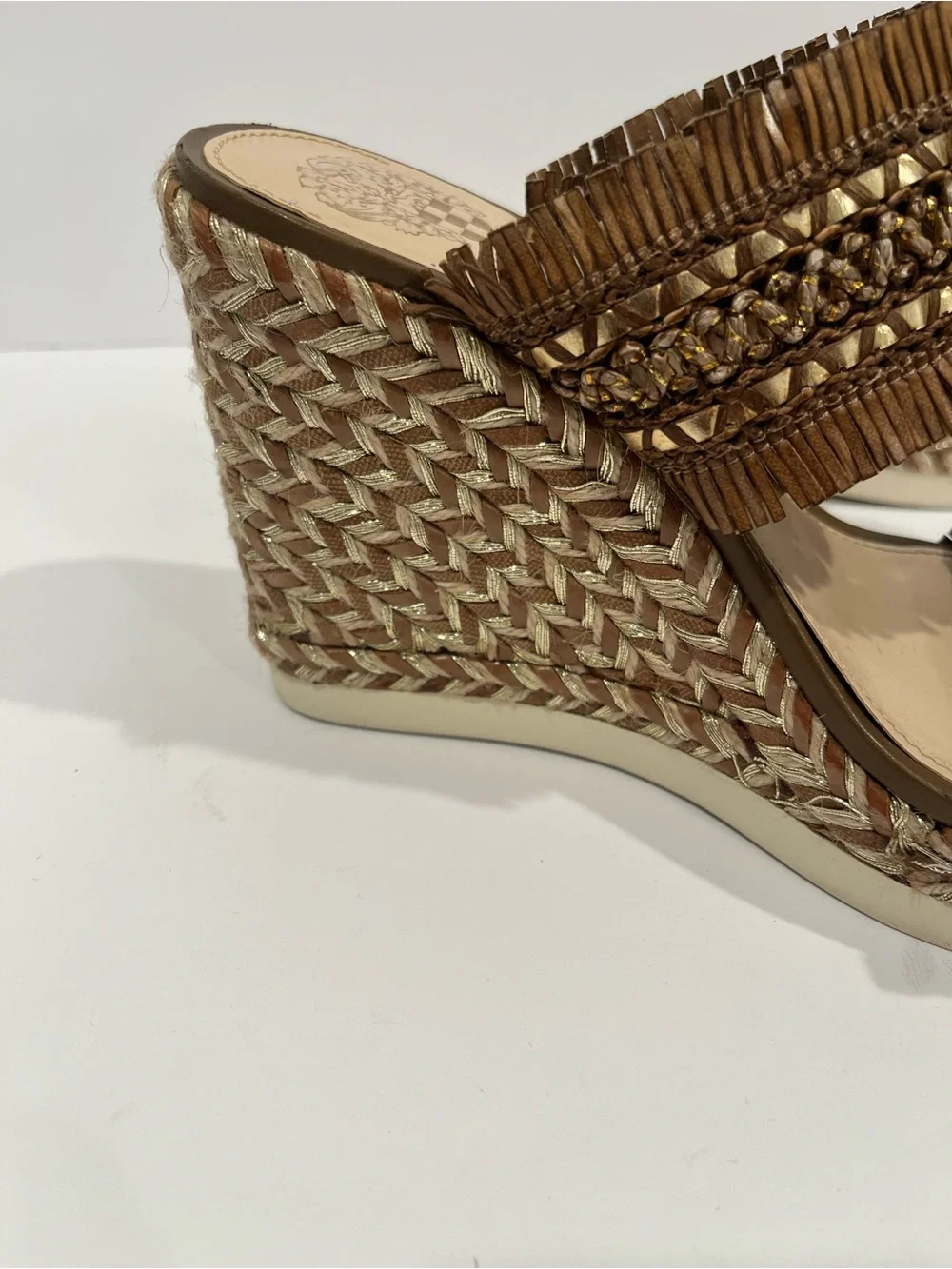 Woven Fringe Wedge Sandals in Brown